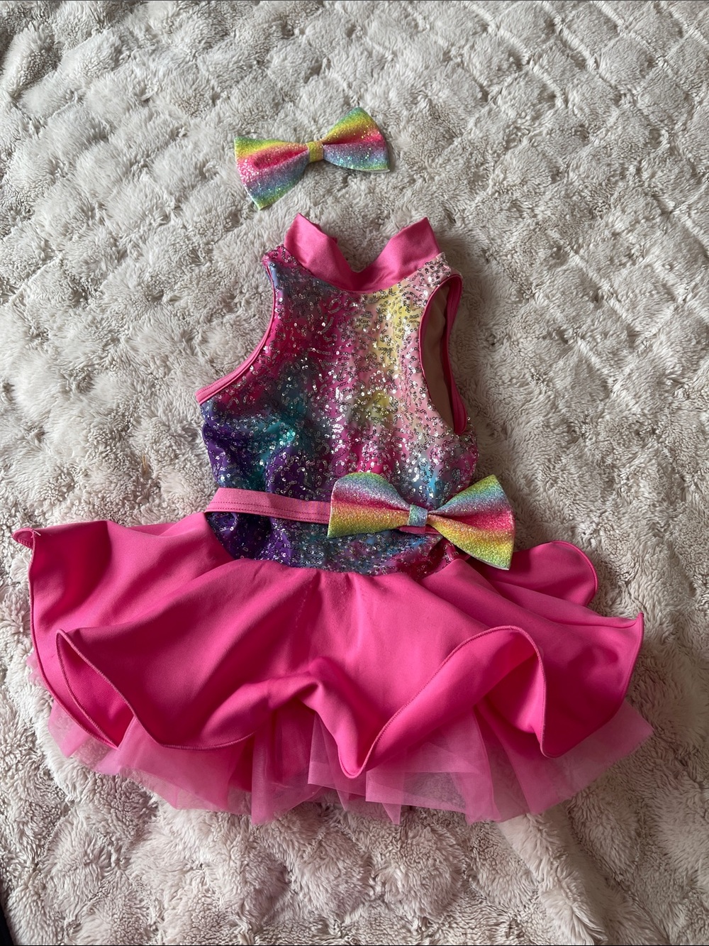 Girls Pink Rainbow Sequin Dance Costume with Bow